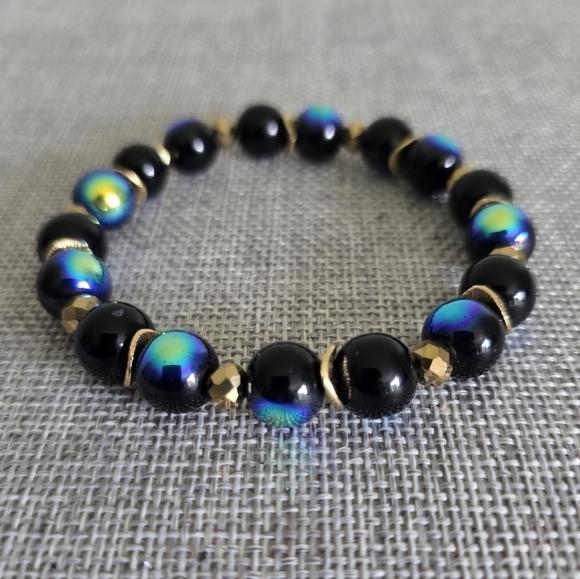Handcrafted Glass Bead Gold Blue Stretch Bracelet - Picture 2 of 4